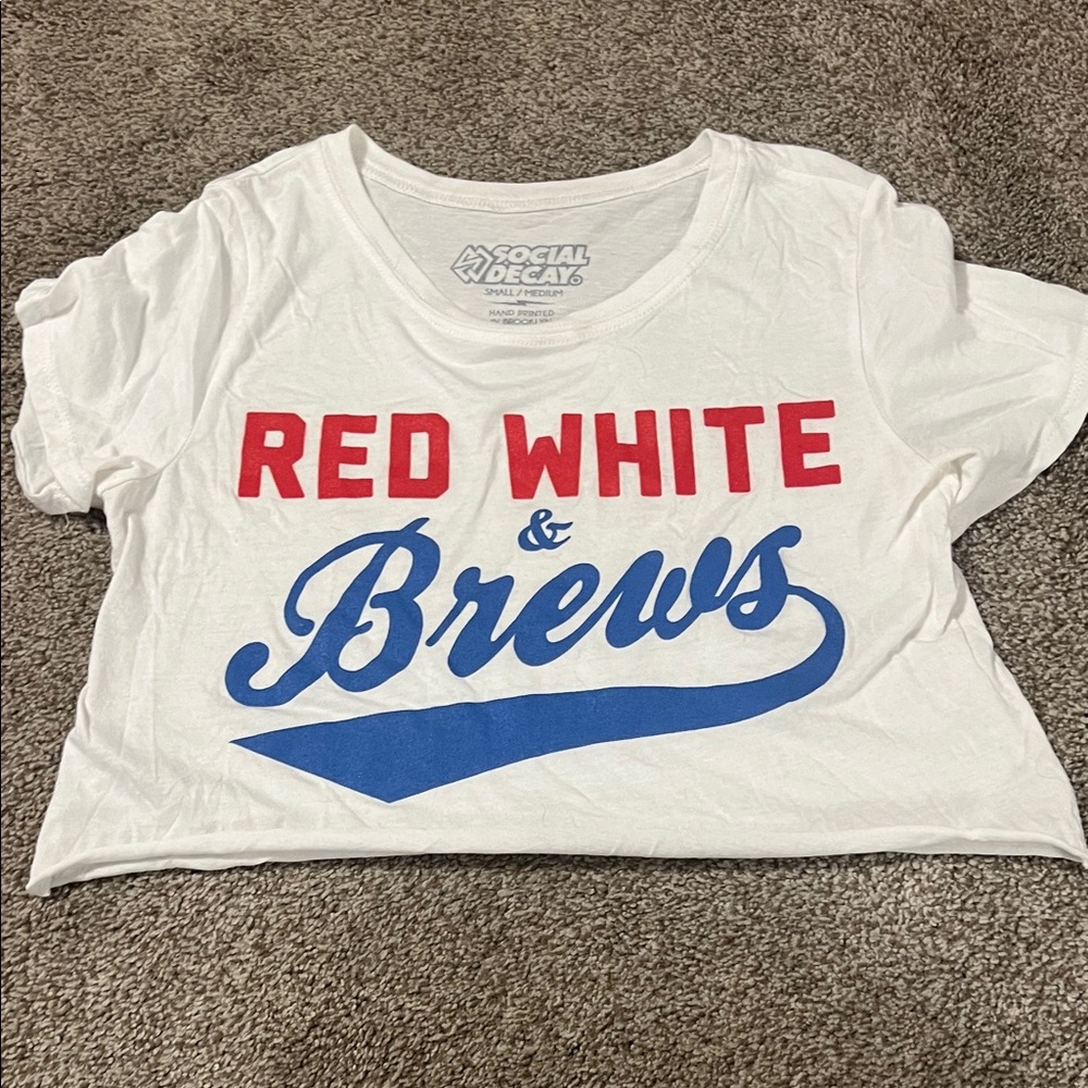 White Crop Top with Red and Blue Print